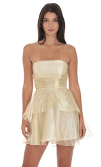 Petal Ruffle Strapless Dress in Gold