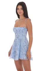 Floral Sequin Fit and Flare Dress in Light Blue