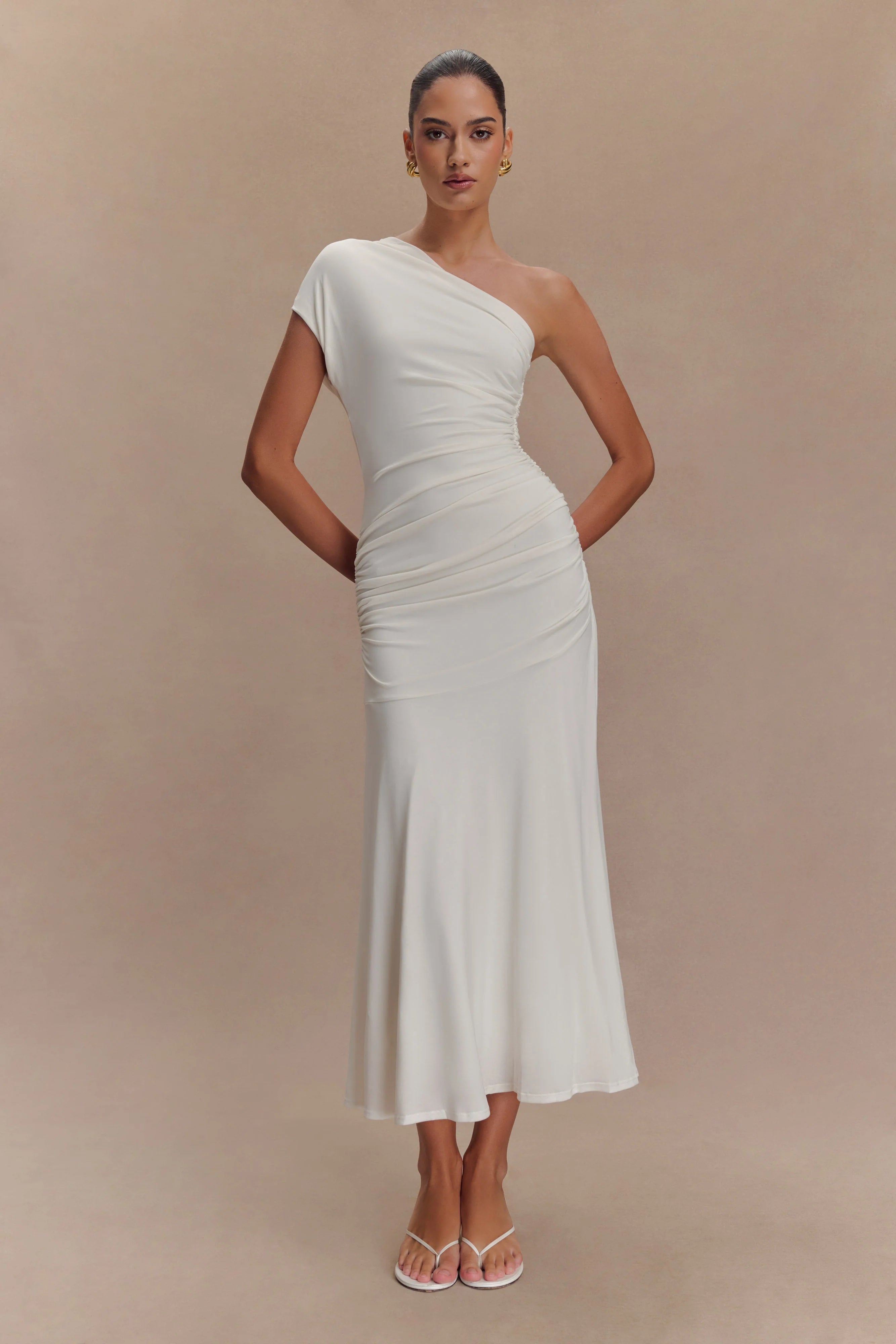 Chloe Peached Jersey One Shoulder Midi Dress - Ivory