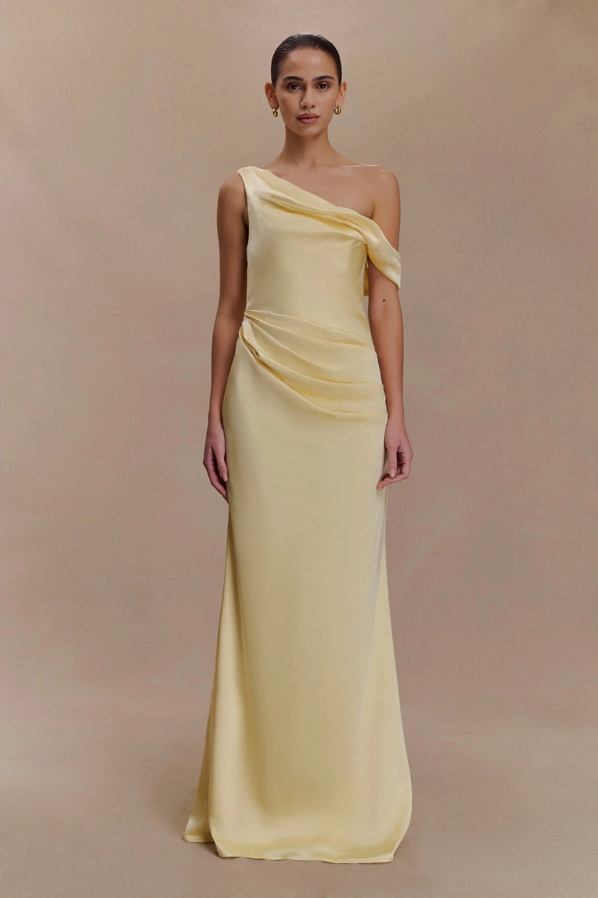 Dalia Off Shoulder Satin Maxi Dress - Lemon