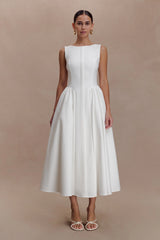 Monika Gathered Waist Cotton Midi Dress - White