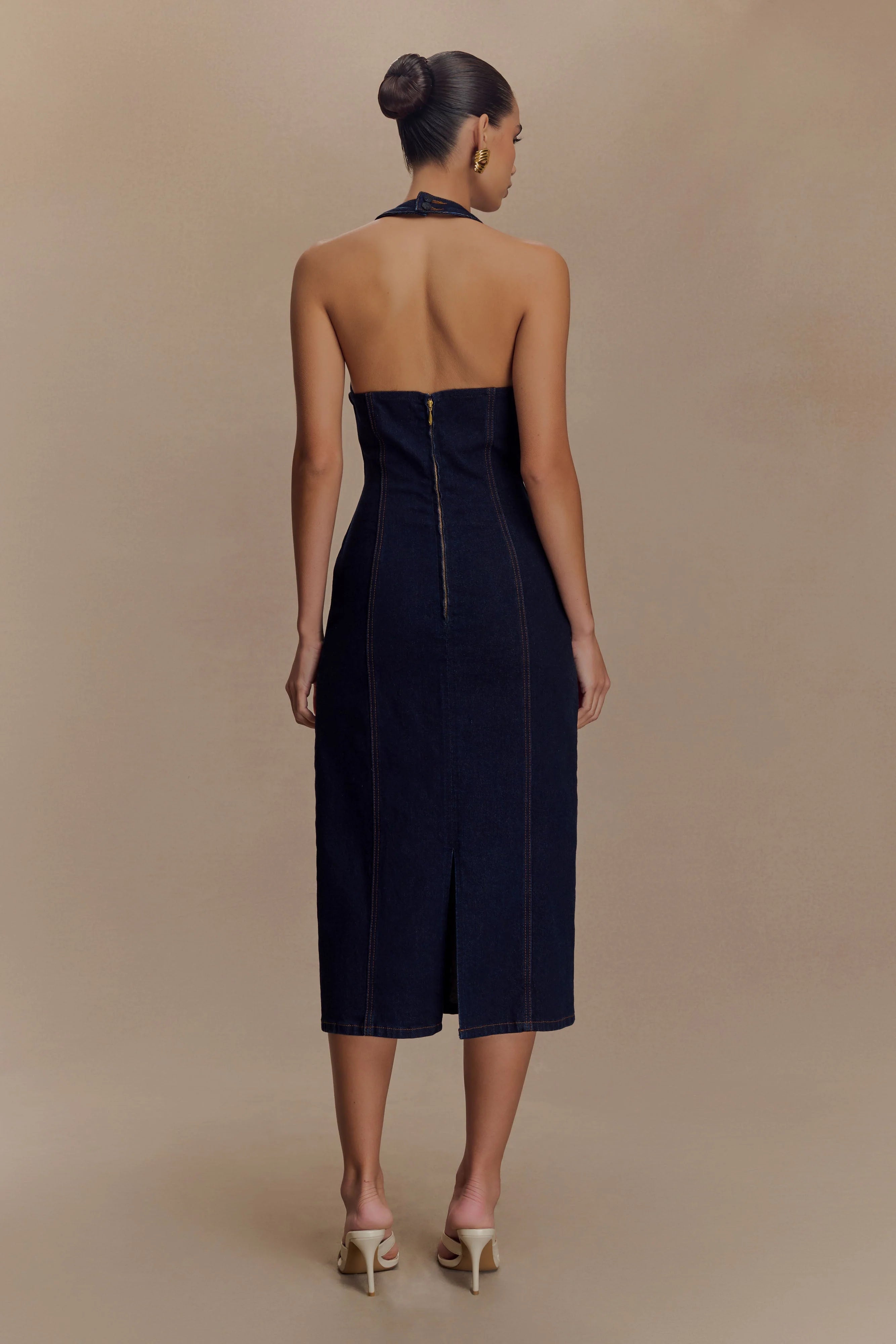 Shauna Denim Halter Midi Dress - Indigo Blue
